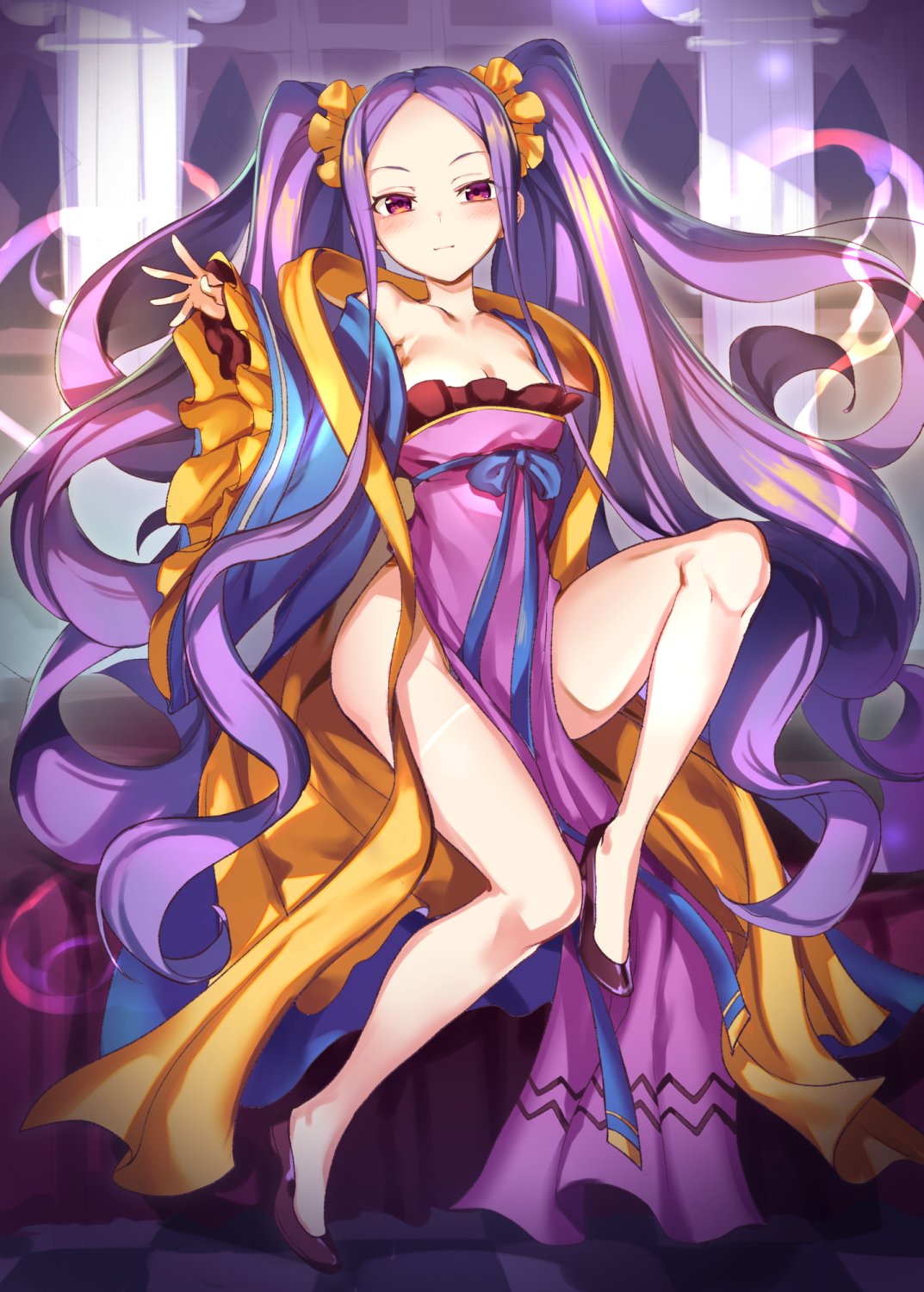 1girl bare_shoulders blush chinese_clothes dress fate/grand_order fate_(series) full_body hanfu highres hips light_smile long_hair long_sleeves looking_at_viewer no_panties pelvic_curtain potemkin_village purple_hair sash scrunchie shawl sitting solo strapless strapless_dress twintails very_long_hair violet_eyes wavy_hair wide_sleeves wu_zetian_(fate/grand_order)