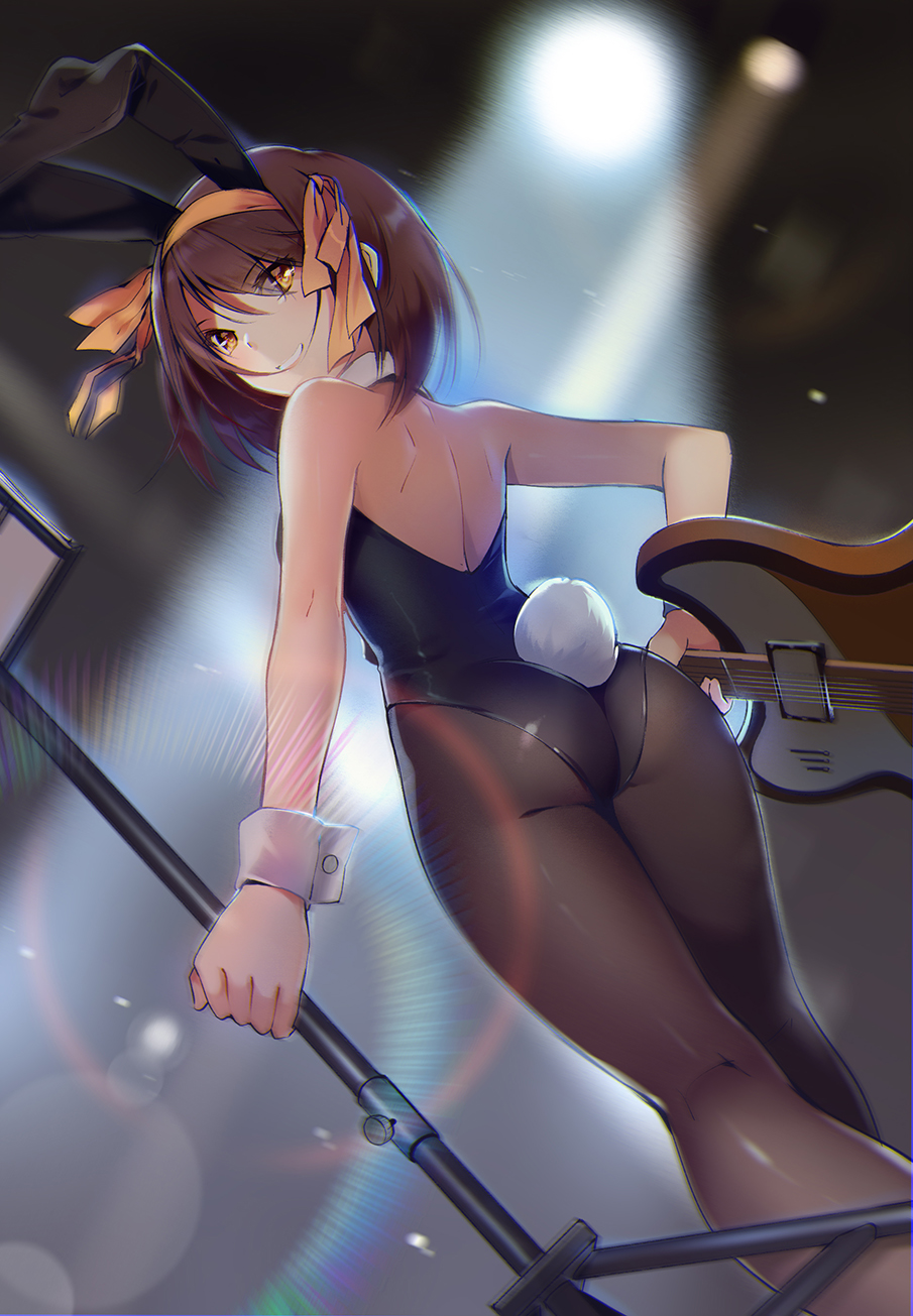 1girl animal_costume animal_ears arms_at_sides ass back bangs bare_back black_legwear black_leotard blurry blurry_background brown_hair bunny_costume bunny_tail bunnysuit dutch_angle electric_guitar from_behind guitar hairband highres hmniao holding instrument leotard looking_at_viewer looking_back microphone_stand pantyhose rabbit_ears short_hair stage stage_lights suzumiya_haruhi suzumiya_haruhi_no_yuuutsu tail twisted_neck wrist_cuffs yellow_eyes