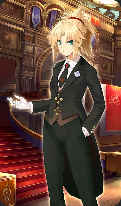 1girl blonde_hair braid crossdressinging fate/grand_order fate_(series) flower formal gloves green_eyes hair_ornament hair_scrunchie hand_in_pocket indoors konoe_ototsugu long_hair looking_at_viewer necktie official_art pants ponytail saber_of_red scrunchie shirt smile solo stained_glass stairs standing suit white_gloves white_shirt
