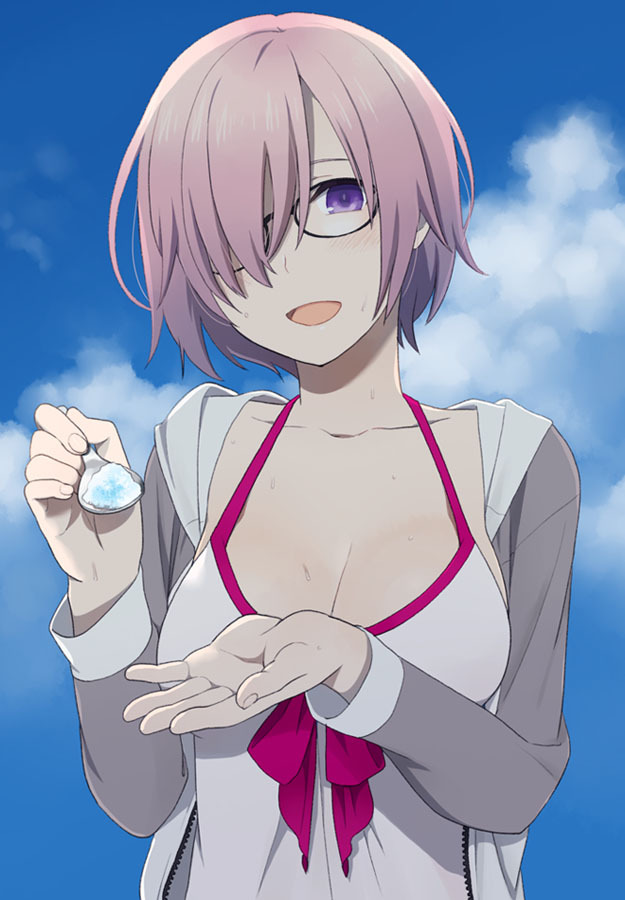 1girl bangs blue_sky blush bow bow_swimsuit breasts cleavage clouds cloudy_sky collarbone commentary day dress_swimsuit fate/grand_order fate_(series) feeding hair_over_one_eye hands_up holding holding_spoon hood hoodie lavender_hair looking_at_viewer mattaku_mousuke medium_breasts one-piece_swimsuit open_clothes open_hoodie open_mouth outdoors red_bow shaved_ice shielder_(fate/grand_order) short_hair sky smile solo swimsuit upper_body violet_eyes white_swimsuit