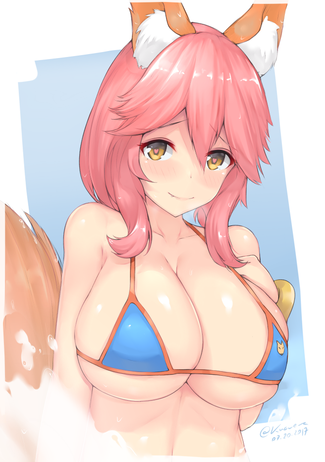 1girl animal_ears bangs bare_shoulders bikini blue_background blue_bikini blush bracelet breasts cleavage collarbone dated fang fate/extra fate/grand_order fate_(series) fox_ears fox_tail hand_on_own_chest heart heart-shaped_pupils jewelry kuavera large_breasts long_hair looking_at_viewer pink_hair shiny shiny_skin sidelocks signature smile solo splashing swimsuit symbol-shaped_pupils tail tamamo_(fate)_(all) tamamo_no_mae_(swimsuit_lancer)_(fate) wet white_border yellow_eyes