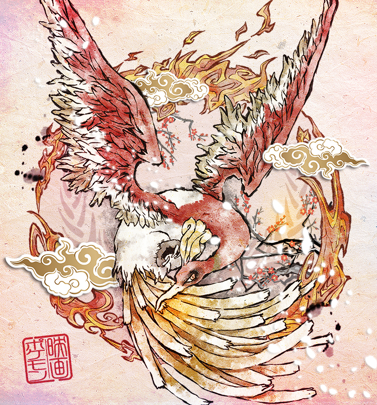 bird calligraphy_brush_(medium) commentary_request flying ho-oh imomushi_(pixiv_9001433) looking_at_viewer no_humans pink_background pokemon pokemon_(creature) pokemon_(game) signature solo spread_wings traditional_media yellow_eyes