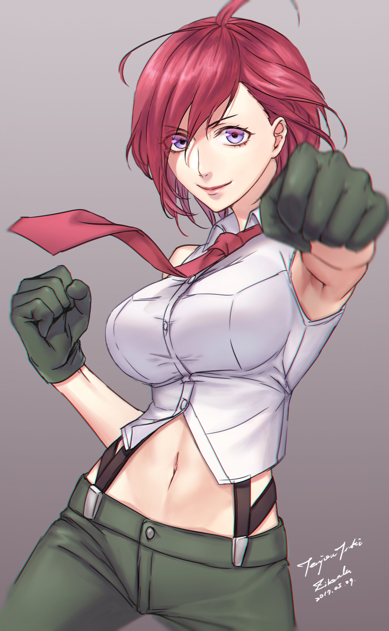 1girl breasts clenched_hand gloves green_pants highres large_breasts lipstick makeup midriff navel necktie pants punching_at_viewer red_lipstick red_neckwear redhead shirt short_hair sleeveless sleeveless_shirt smile solo suspenders tenjou_tsuki the_king_of_fighters vanessa_(king_of_fighters) violet_eyes white_shirt
