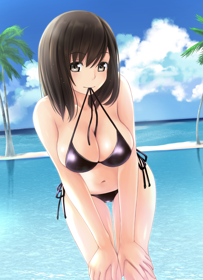 1girl bangs beach bikini black_bikini blue_sky blush breasts brown_eyes brown_hair cleavage closed_mouth clouds cloudy_sky collarbone day eyebrows_visible_through_hair halter_top halterneck hands_on_own_knees large_breasts leaning_forward long_hair looking_at_viewer mouth_hold navel nonaka_ritsu ocean original outdoors palm_tree side-tie_bikini sky smile solo swimsuit thighs tree