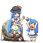 2girls :d ahoge arms_up bangs bare_arms black_hat blue_dress blue_hair blue_skirt blush boots bowler_hat brown_footwear buttons diamond_(shape) dress dual_persona facing_another flat_chest floating food frilled_dress frilled_skirt frills fruit full_body hair_between_eyes hat hinanawi_tenshi knee_boots leaf legs_apart long_hair long_shirt looking_at_another looking_away looking_up lowres magic multiple_girls no_nose no_pupils open_mouth peach pigeon-toed pixel_art puffy_short_sleeves puffy_sleeves red_eyes red_ribbon ribbon rock rope shide shimenawa short_sleeves sidelocks simple_background sitting skirt smile standing tongue touhou very_long_hair vixiv white_background younger