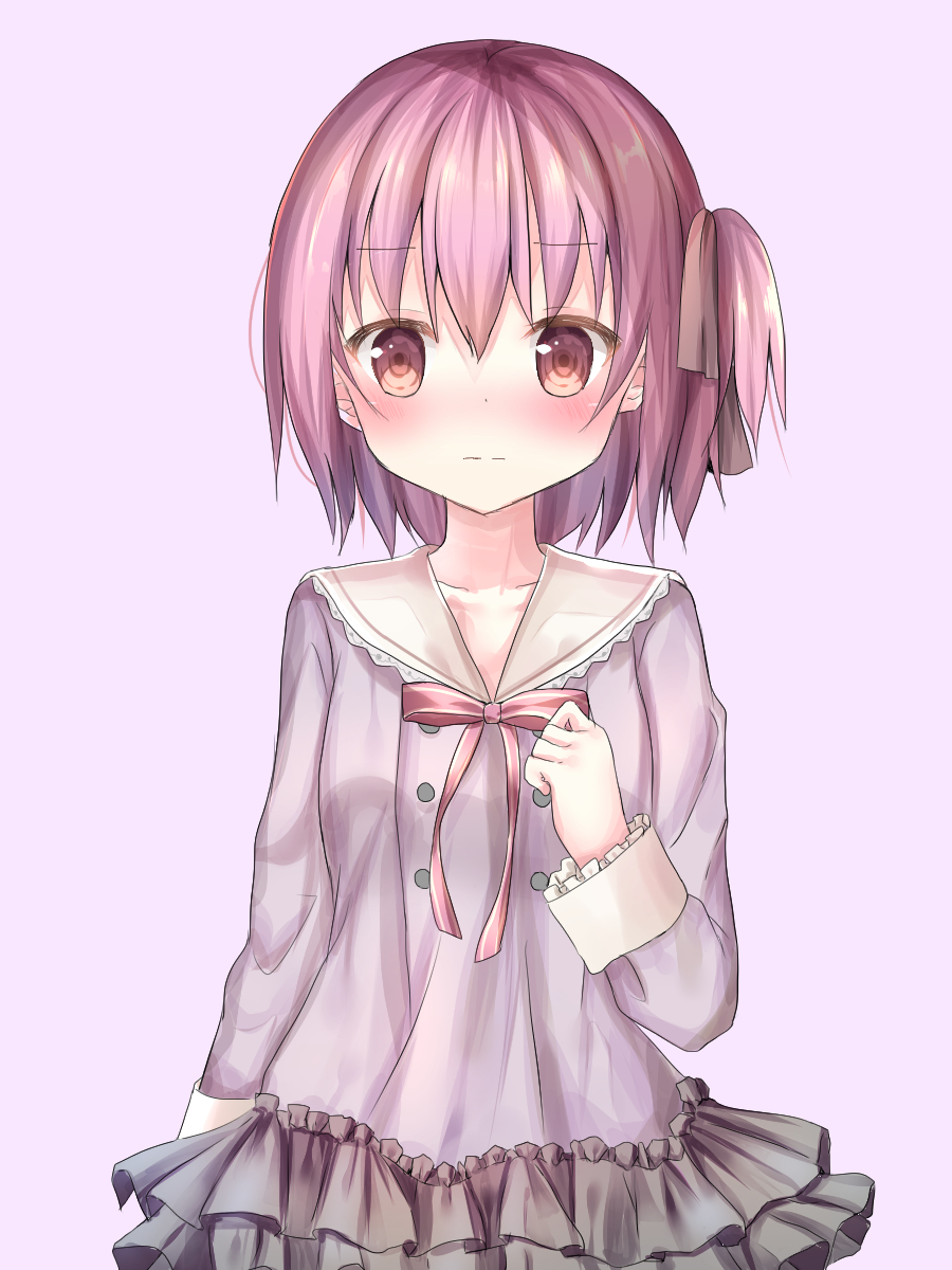 1girl :| bangs blush brown_eyes brown_ribbon closed_mouth collarbone commentary_request dress eyebrows_visible_through_hair frilled_dress frills hair_between_eyes hair_ribbon highres long_sleeves looking_at_viewer minato_tomoka one_side_up pink_background pink_dress pink_hair ribbon rou-kyuu-bu! school_uniform short_hair simple_background sleeve_cuffs solo tsuruse