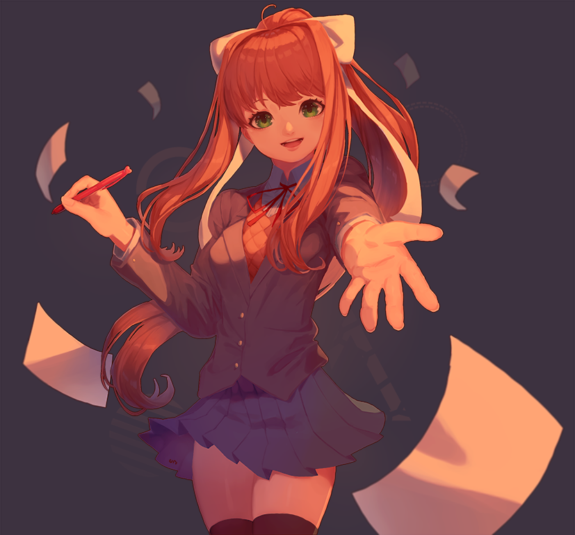 1girl :d black_legwear blue_skirt bow doki_doki_literature_club green_eyes hair_bow kuzudon long_hair looking_at_viewer monika_(doki_doki_literature_club) open_mouth outstretched_hand papers pen red_ribbon ribbon school_uniform skirt smile solo standing thigh-highs