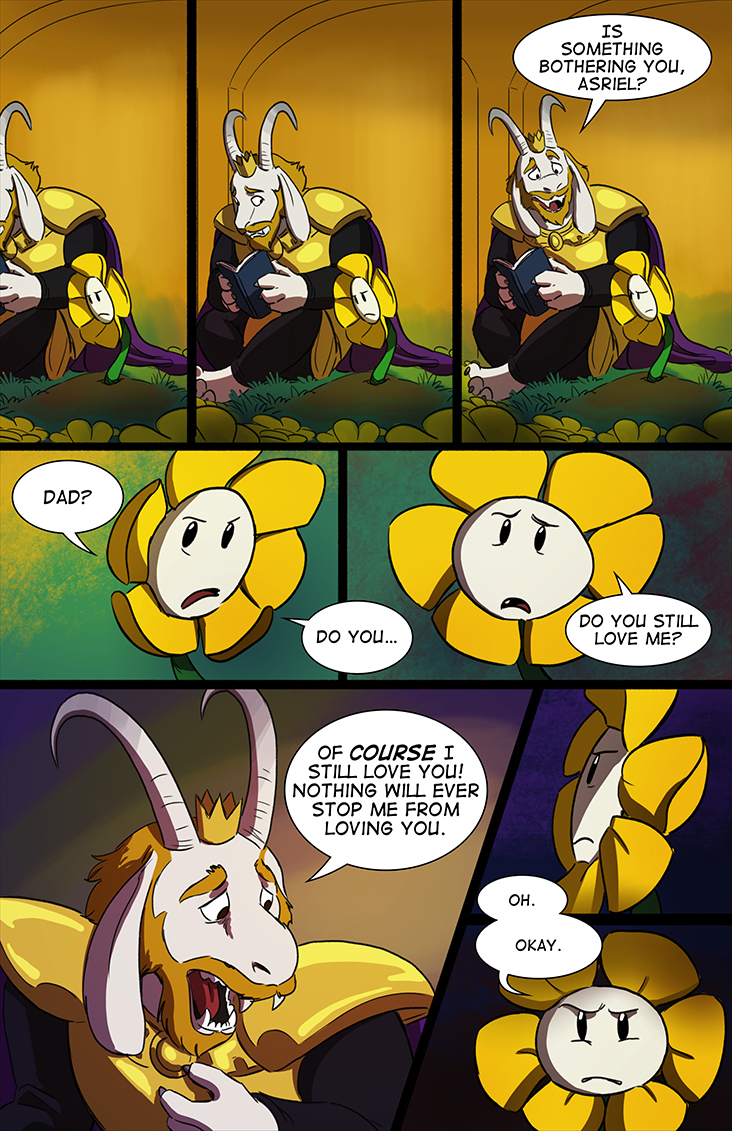 1boy asgore_dreemurr beard book comic english facial_hair field flower flower_field flowey_(undertale) lynxgriffin monster_boy spoilers unamused undertale