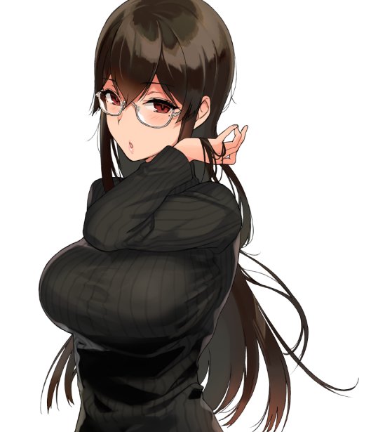 1girl black_sweater blush breasts dress glasses hand_in_hair large_breasts long_sleeves looking_at_viewer parted_lips red_eyes ribbed_sweater sakuramachi_touko sasamori_tomoe simple_background solo succubus_stayed_life sweater sweater_dress upper_body white_background
