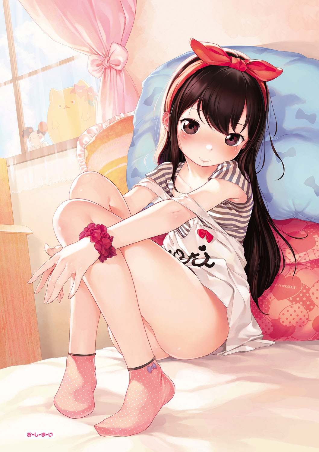 1girl ankle_socks artist_name ass bangs bed bed_sheet blush bow bow_legwear brown_eyes brown_hair closed_mouth clothes_writing clouds cloudy_sky collarbone curtains day eyebrows_visible_through_hair feet fingernails frilled_pillow frills hair_bow hairband hands_together heart heart_pillow henreader highres indoors knees_to_chest knees_up long_fingernails long_hair looking_at_viewer nail_polish no_panties no_shoes on_bed original pillow pink_nails polka_dot polka_dot_legwear purple_bow red_bow scrunchie shirt short_sleeves sitting sitting_on_bed sky smile socks solo strap_slip striped striped_shirt v_arms window wrist_scrunchie