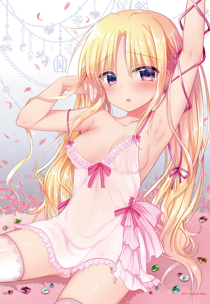 1girl arm_up armpits blonde_hair blush breasts chemise lingerie long_hair looking_at_viewer mikami_mika original parted_lips small_breasts solo thigh-highs twintails underwear violet_eyes white_legwear