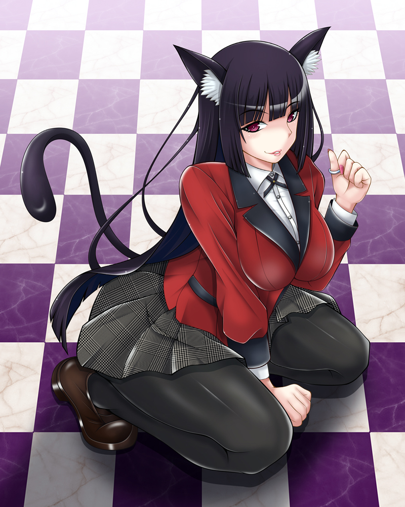 1girl animal_ears bangs black_hair black_legwear blunt_bangs breasts cat_ears cat_tail checkered checkered_floor full_body hime_cut jabami_yumeko kakegurui large_breasts lips loafers long_hair looking_at_viewer nail_polish pantyhose parted_lips pink_lips pink_nails print_skirt school_uniform seiza shoes sitting skirt smile solo tail thumb_ring tk_(butakuma) very_long_hair violet_eyes