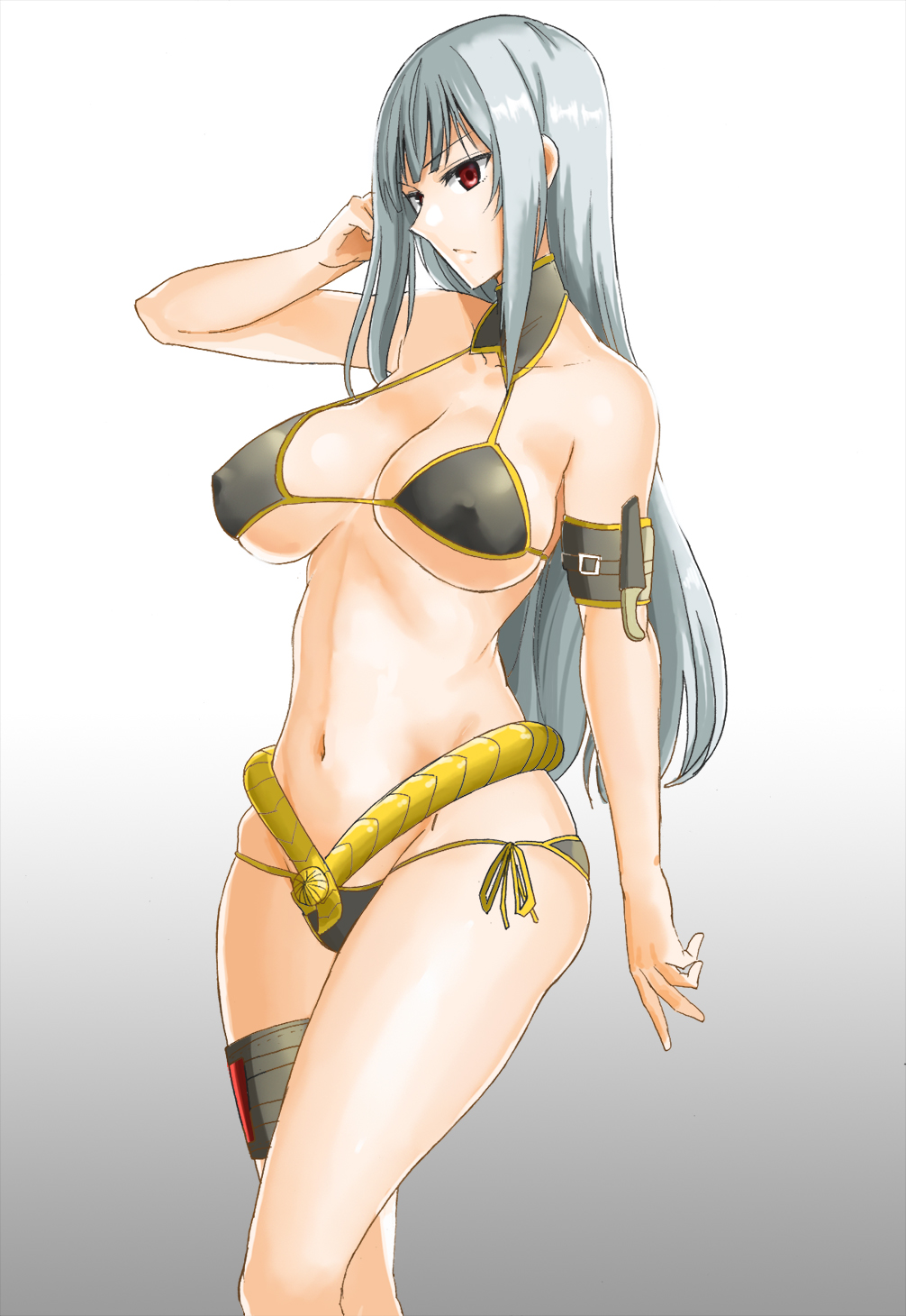 1girl ac_butsupa arm_strap armband bare_shoulders bikini black_bikini breasts cleavage erect_nipples gradient gradient_background grey_background groin highres large_breasts long_hair navel red_eyes selvaria_bles senjou_no_valkyria side-tie_bikini silver_hair solo swimsuit thigh_strap under_boob white_background