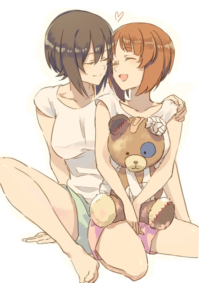 2girls ^_^ alternate_costume arm_around_shoulder arm_sling arm_support bandage bandaid boko_(girls_und_panzer) brown_hair closed_eyes cosmic_(crownclowncosmic) girls_und_panzer heart incest light_brown_hair multiple_girls nishizumi_maho nishizumi_miho shirt shorts siblings sisters smile stitches stuffed_animal stuffed_toy t-shirt teddy_bear v_arms white_background yuri