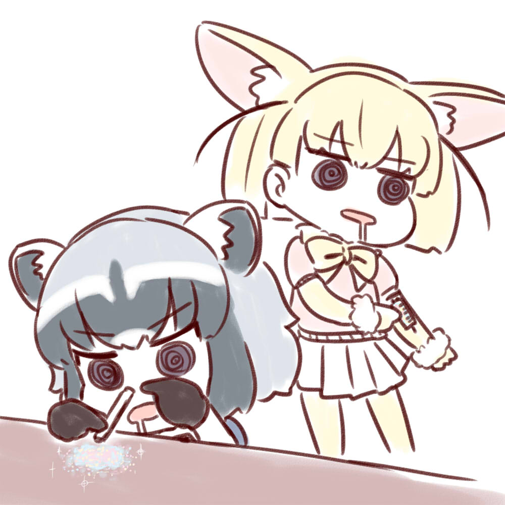 2girls @_@ animal_ears batta_(ijigen_debris) black_eyes blonde_hair commentary_request common_raccoon_(kemono_friends) drooling drugs eyebrows_visible_through_hair fennec_(kemono_friends) fox_ears gloves grey_hair injection kemono_friends multiple_girls neck_ribbon open_mouth parted_lips pink_shirt pleated_skirt raccoon_ears ribbon ringed_eyes shirt short_hair simple_background skirt snorting standing syringe white_background yellow_ribbon