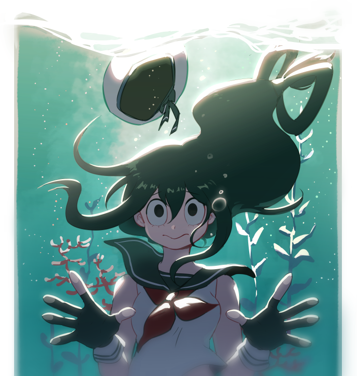 1girl asui_tsuyu black_eyes boku_no_hero_academia breasts closed_mouth fingerless_gloves gloves green_hair hat imjayu long_hair looking_at_viewer medium_breasts sailor sailor_collar sailor_hat sleeveless solo underwater very_long_hair water