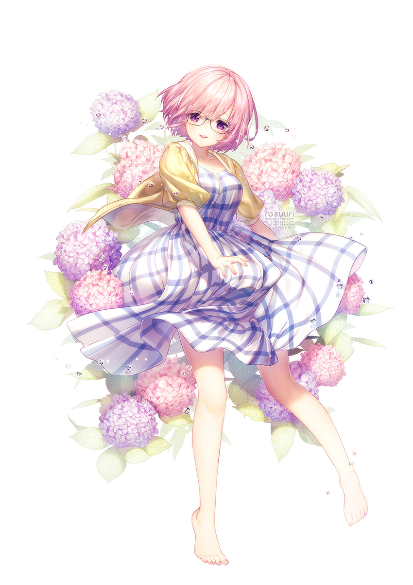 1girl artist_name dress fate/grand_order fate_(series) floral_background flower glasses highres hydrangea jacket looking_at_viewer open_mouth plaid plaid_dress purple_hair revision rosuuri shielder_(fate/grand_order) short_hair smile solo standing violet_eyes yellow_jacket