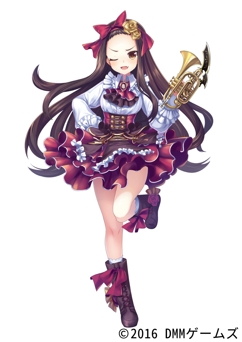 1girl ;d bow brown_eyes brown_footwear brown_hair flower frilled_skirt frills girls_symphony hair_bow hair_flower hair_ornament hand_on_hip instrument long_hair looking_at_viewer matatabi_maru monica_ravel official_art one_eye_closed open_mouth pink_bow red_skirt skirt smile solo standing standing_on_one_leg trumpet weaponized_instrument