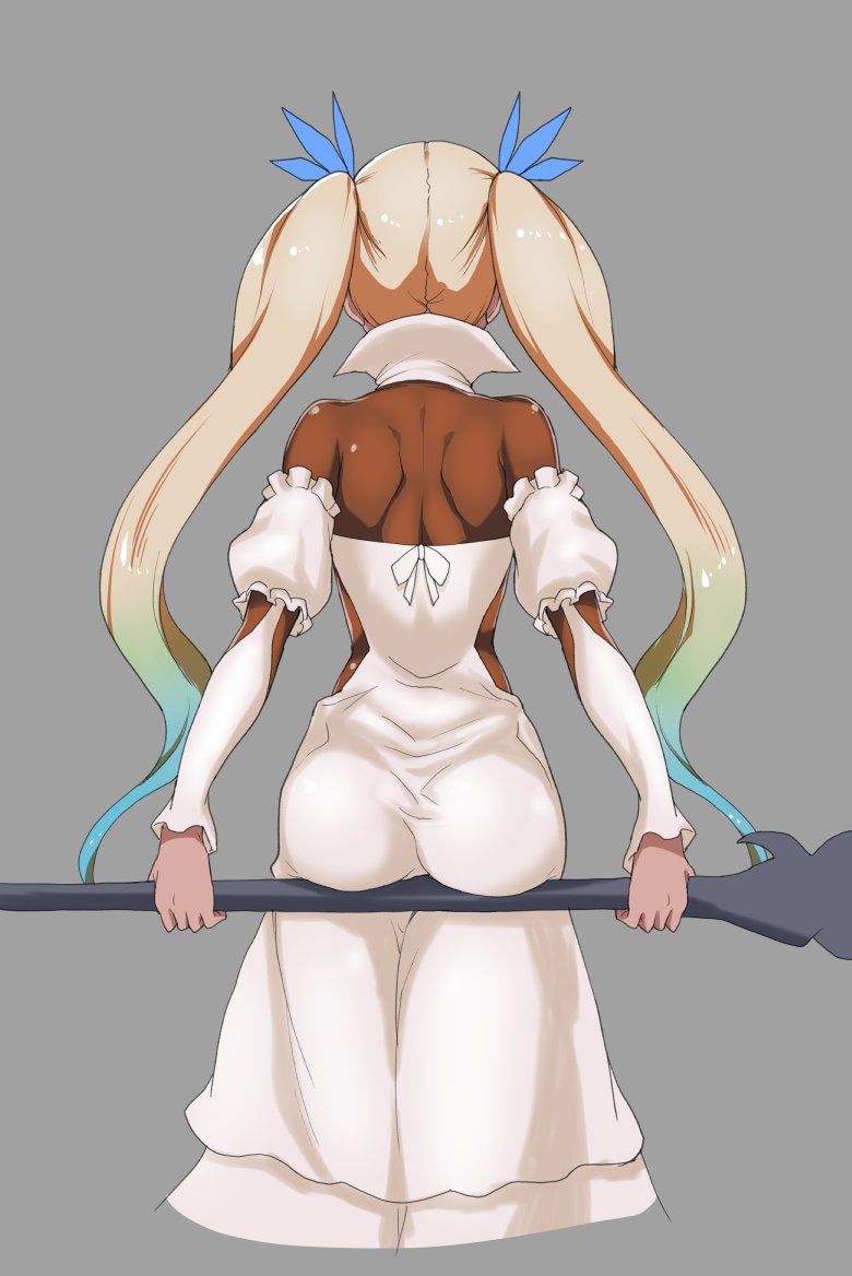 1girl ass ass_support blonde_hair blue_hair blue_ribbon cowboy_shot detached_collar detached_sleeves dress frills from_behind gradient_hair granblue_fantasy green_hair grey_background hair_ribbon holding holding_staff io_euclase long_hair long_sleeves midriff multicolored_hair ribbon shoulder_blades simple_background solo staff standing twintails very_long_hair white_dress yozo_(stanky)