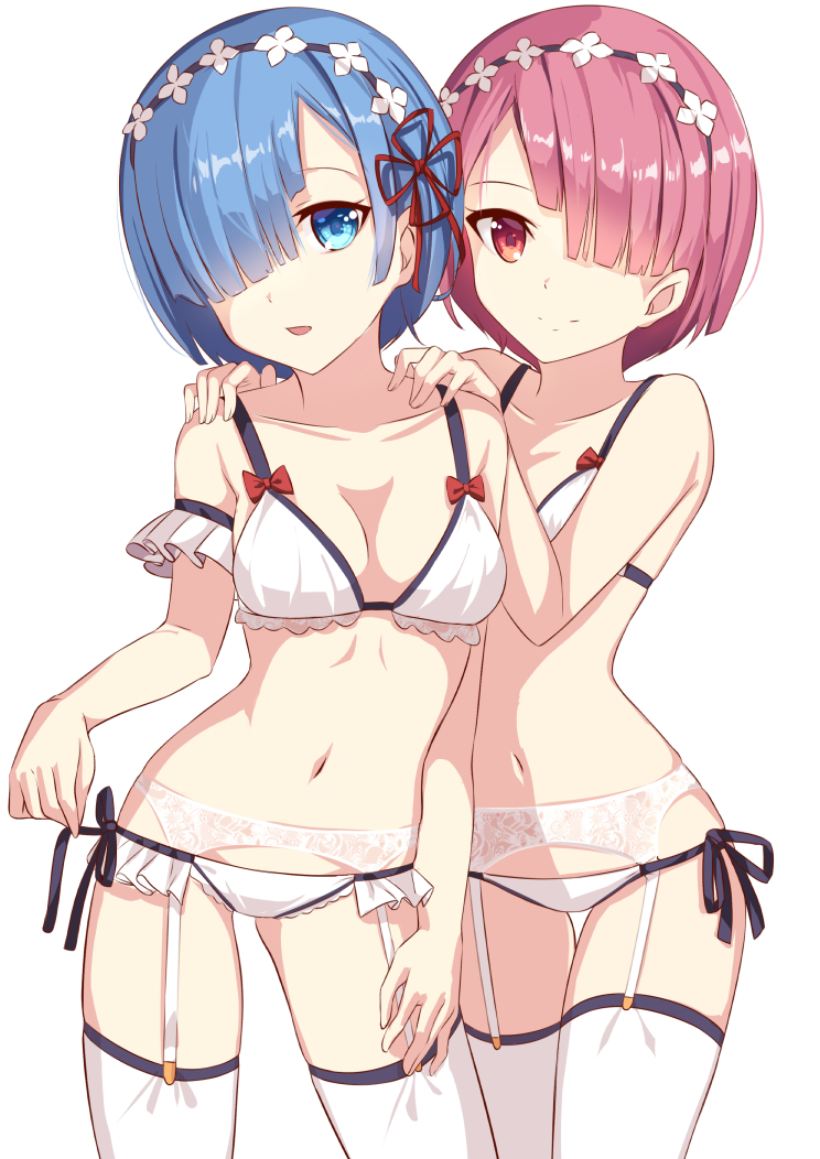 2girls arm_at_side blue_eyes blue_hair bra breasts closed_mouth collarbone commentary_request cowboy_shot frilled_armband frilled_bra frilled_panties frills garter_belt hair_ornament hair_over_one_eye hairband hands_on_another's_shoulders looking_at_viewer multiple_girls navel open_mouth panties purple_hair ram_(re:zero) re:zero_kara_hajimeru_isekai_seikatsu red_eyes rem_(re:zero) short_hair siblings side-tie_panties simple_background sisters small_breasts smile standing thigh-highs thigh_gap twins underwear underwear_only white_background white_bra white_legwear white_panties yan_(nicknikg)