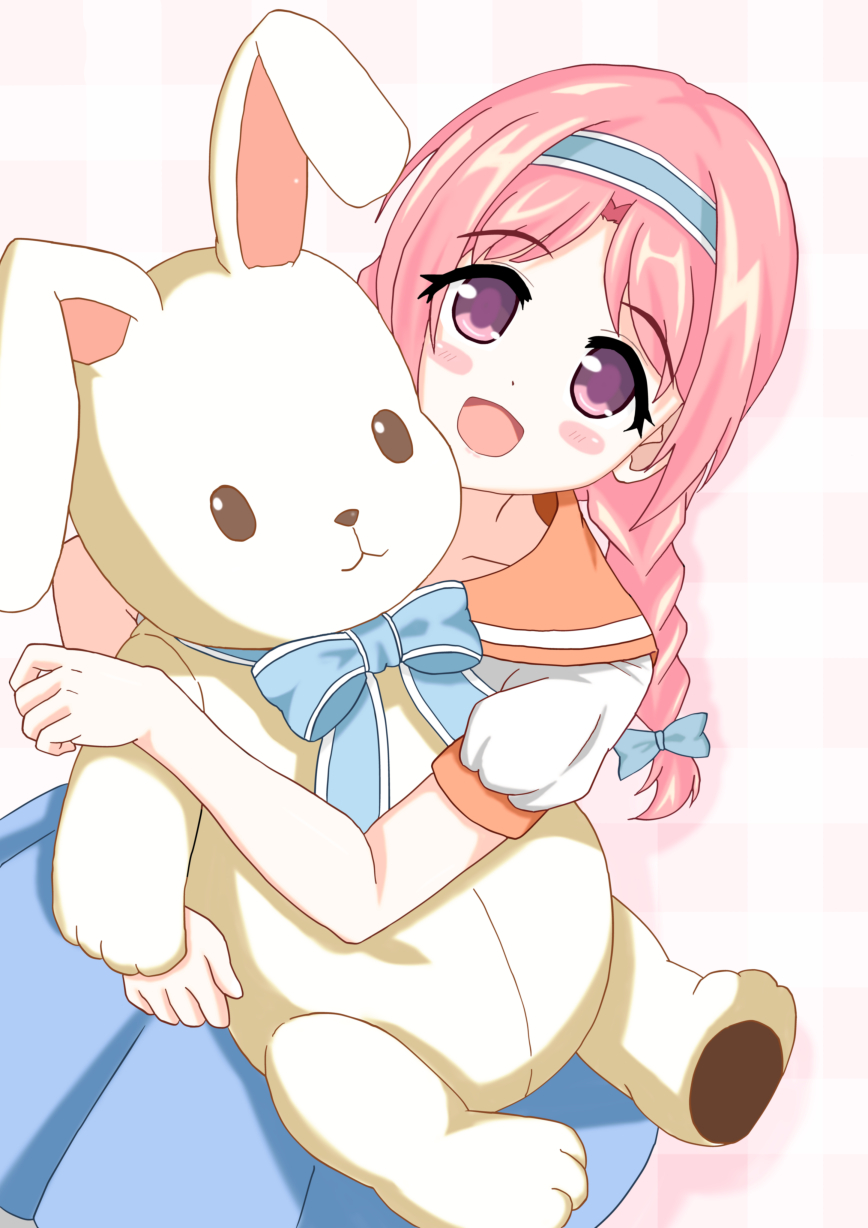 :d blue_bow blue_dress blush_stickers bow braid dress dutch_angle hair_bow hairband highres holding holding_stuffed_animal long_hair looking_at_viewer open_mouth pink_hair plaid plaid_background princess_connect! school_uniform serafuku smile stuffed_animal stuffed_bunny stuffed_toy takahiko violet_eyes