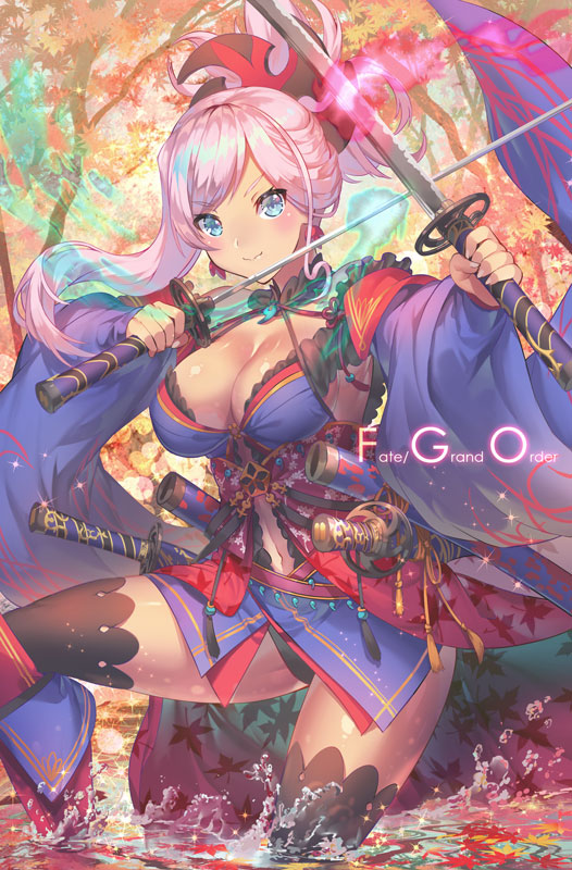 1girl aguy asymmetrical_hair autumn_leaves black_legwear blue_eyes blue_kimono closed_mouth copyright_name day detached_sleeves dual_wielding eyebrows_visible_through_hair fate/grand_order fate_(series) hair_ornament holding holding_sword holding_weapon japanese_clothes katana kimono long_hair looking_at_viewer miyamoto_musashi_(fate/grand_order) outdoors pink_hair ponytail shiny shiny_hair short_kimono smile solo sword thigh-highs weapon