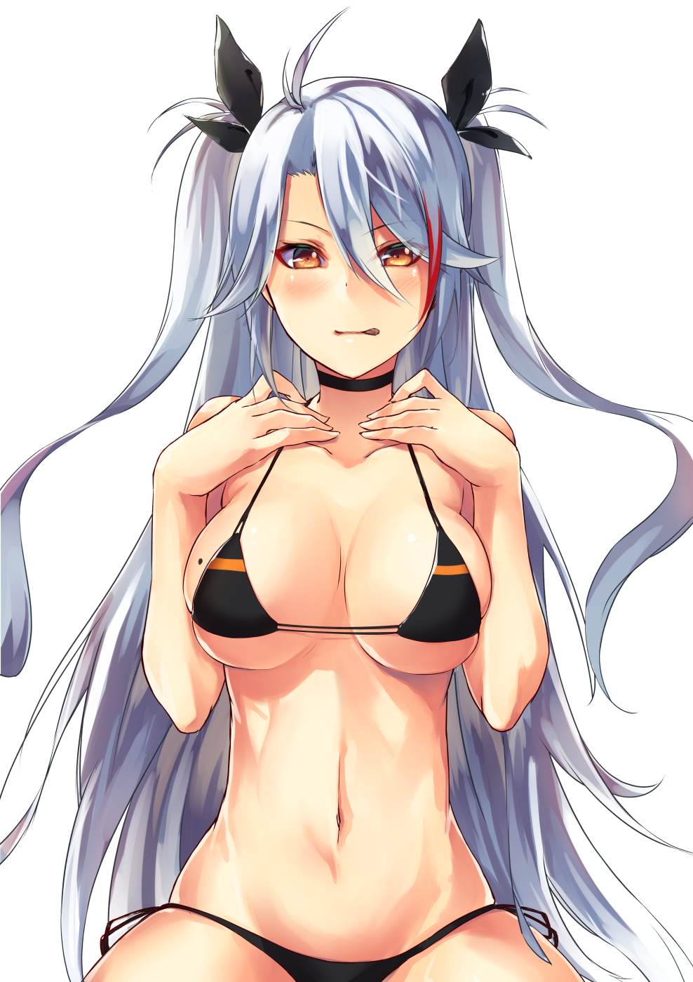 &gt;:p 1girl :p antenna_hair azur_lane bangs bikini black_bikini blush breasts breasts_apart brown_eyes choker collarbone commentary_request cowboy_shot eyebrows_visible_through_hair eyes_visible_through_hair hair_between_eyes hair_ribbon hands_on_own_chest hands_up highres large_breasts long_hair looking_at_viewer mole mole_on_breast multicolored_hair navel prinz_eugen_(azur_lane) ribbon shimozuki_shio side-tie_bikini sidelocks silver_hair simple_background solo swimsuit tongue tongue_out two-tone_hair two_side_up very_long_hair white_background