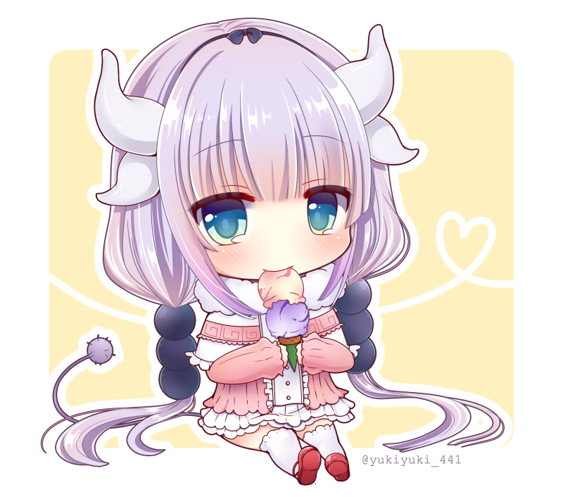 1girl blue_eyes chibi commentary_request dragon_girl dragon_horns dragon_tail eating food hair_bobbles hair_ornament hairband holding horns ice_cream ice_cream_cone kanna_kamui kobayashi-san_chi_no_maidragon let looking_at_viewer low_twintails mary_janes purple_hair shoes short_hair solo tail thigh-highs twintails twitter_username yukiyuki_441 zettai_ryouiki