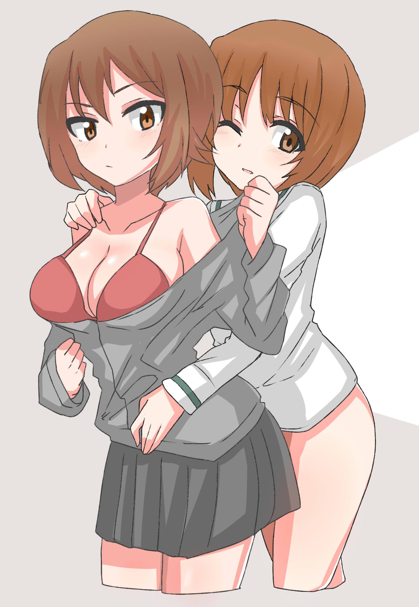 2girls aster90 bare_shoulders blush bottomless bra breasts brown_eyes brown_hair cleavage cropped_legs eyebrows_visible_through_hair girls_und_panzer grey_background grey_skirt hand_on_another's_shoulder highres medium_breasts multiple_girls nishizumi_maho nishizumi_miho one_eye_closed partially_undressed red_bra short_hair siblings sisters sketch skirt underwear