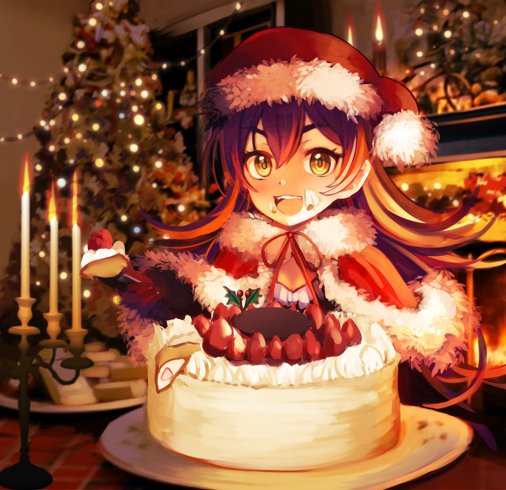 1girl :d blurry blurry_background brown_eyes brown_hair cake candle candlestand christmas christmas_tree eating fire fireplace flame food food_on_face fruit fur_trim gift hat holly ilya_(princess_connect) inside long_hair open_mouth photo_background plate princess_connect! santa_hat sitting smile strawberry tahnya