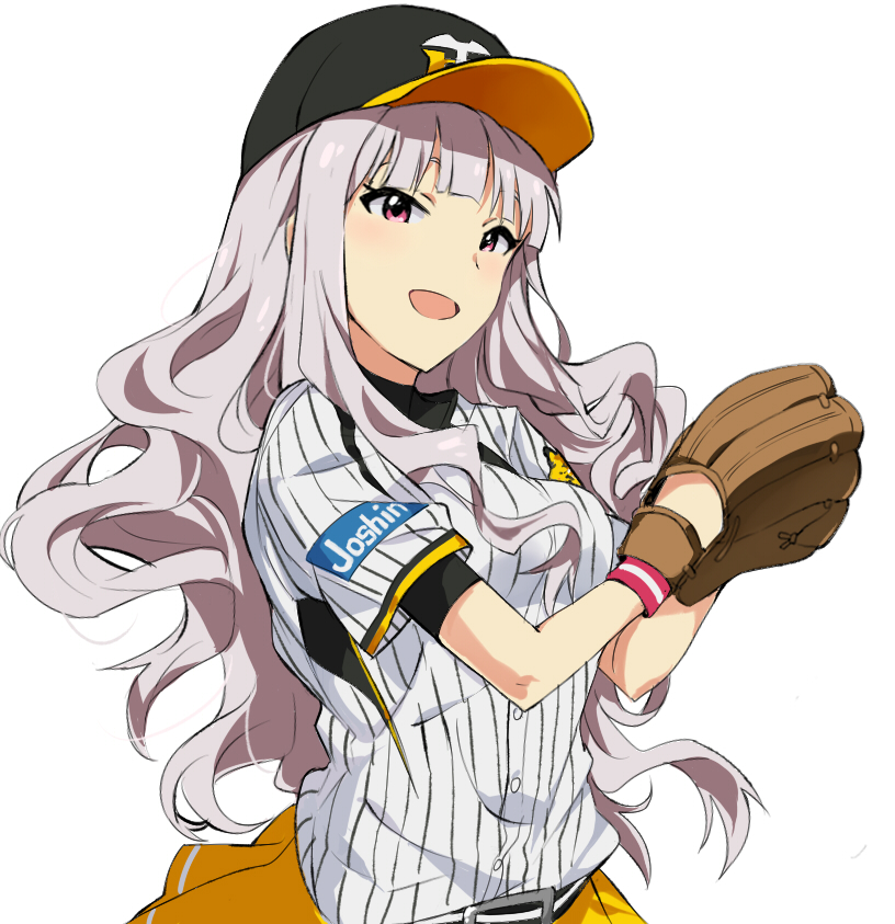 1girl :d alternate_costume bangs baseball_cap baseball_glove baseball_uniform blunt_bangs commentary_request grey_hair hanshin_tigers hat idolmaster long_hair looking_at_viewer open_mouth pink_eyes shijou_takane shirt short_sleeves simple_background skirt smile solo sportswear striped striped_shirt tuxedo_de_cat upper_body white_background wristband yellow_skirt