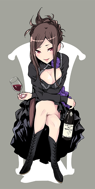 1girl bangs black_dress black_footwear blush boots bottle breasts brown_hair cleavage commentary_request cup dorothy_(princess_principal) dress drinking_glass full_body grey_background holding knee_boots large_breasts legs_crossed long_hair long_sleeves looking_at_viewer muraji parted_lips pink_eyes princess_principal sidelocks sitting smile solo swept_bangs wine_bottle wine_glass