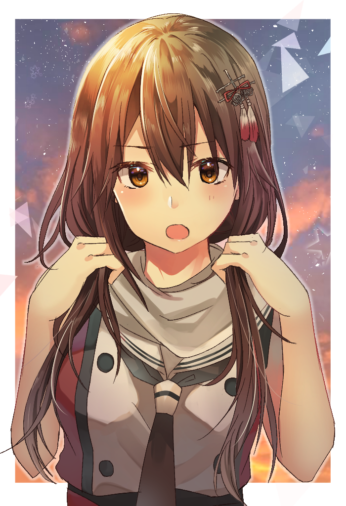 1girl alternate_hair_length alternate_hairstyle bangs bare_arms black_neckwear brown_eyes brown_hair double-breasted eyebrows_visible_through_hair hair_between_eyes hair_ornament hands_up kantai_collection long_hair neckerchief open_mouth outline outside_border remodel_(kantai_collection) rinto_(rint_rnt) sailor_collar scarf school_uniform sendai_(kantai_collection) serafuku sleeveless solo star upper_body white_border white_sailor_collar white_scarf