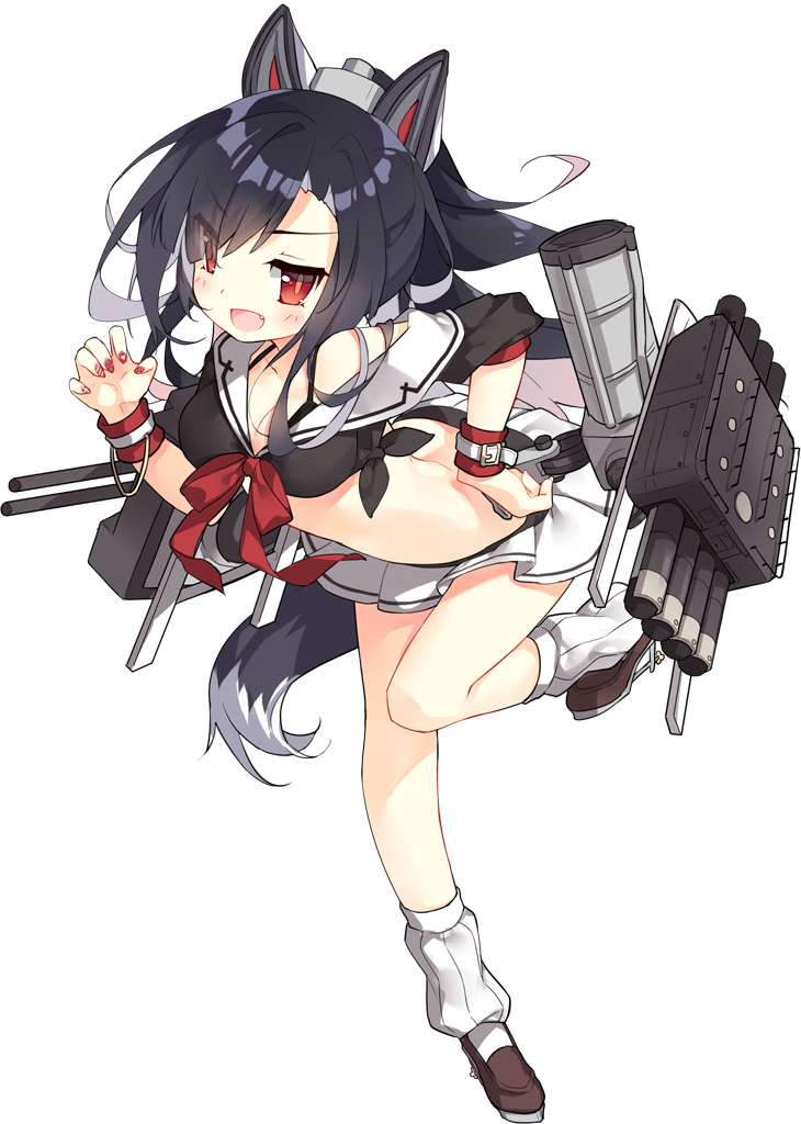 &gt;:d 1girl :d animal_ears azur_lane bent_over black_hair fake_animal_ears fang long_hair looking_at_viewer machinery navel official_art open_mouth pleated_skirt red_eyes saru school_uniform serafuku shigure_(azur_lane) simple_background skirt smile solo tail transparent_background turret wolf_tail
