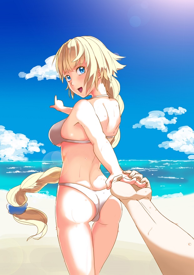 1girl armor ass beach bikini blonde_hair blue_eyes blue_sky cowboy_shot fate/apocrypha fate/grand_order fate_(series) long_hair looking_at_viewer looking_back ocean outdoors pointing pov ruler_(fate/apocrypha) shiroi_ume sky solo swimsuit white_bikini