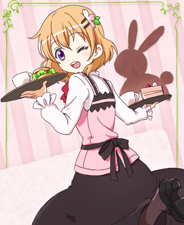 1girl ;d bangs black_footwear black_legwear black_skirt blush bow bowtie bread cake commentary_request cowboy_shot cup eyebrows_visible_through_hair food from_behind gochuumon_wa_usagi_desu_ka? hair_between_eyes hair_ornament hairclip holding holding_tray hoto_cocoa lettuce long_sleeves looking_at_viewer looking_back nurutema one_eye_closed open_mouth orange_hair pantyhose pink_background pink_vest rabbit red_neckwear shirt short_hair skirt smile solo standing standing_on_one_leg striped striped_background teeth tray violet_eyes white_shirt