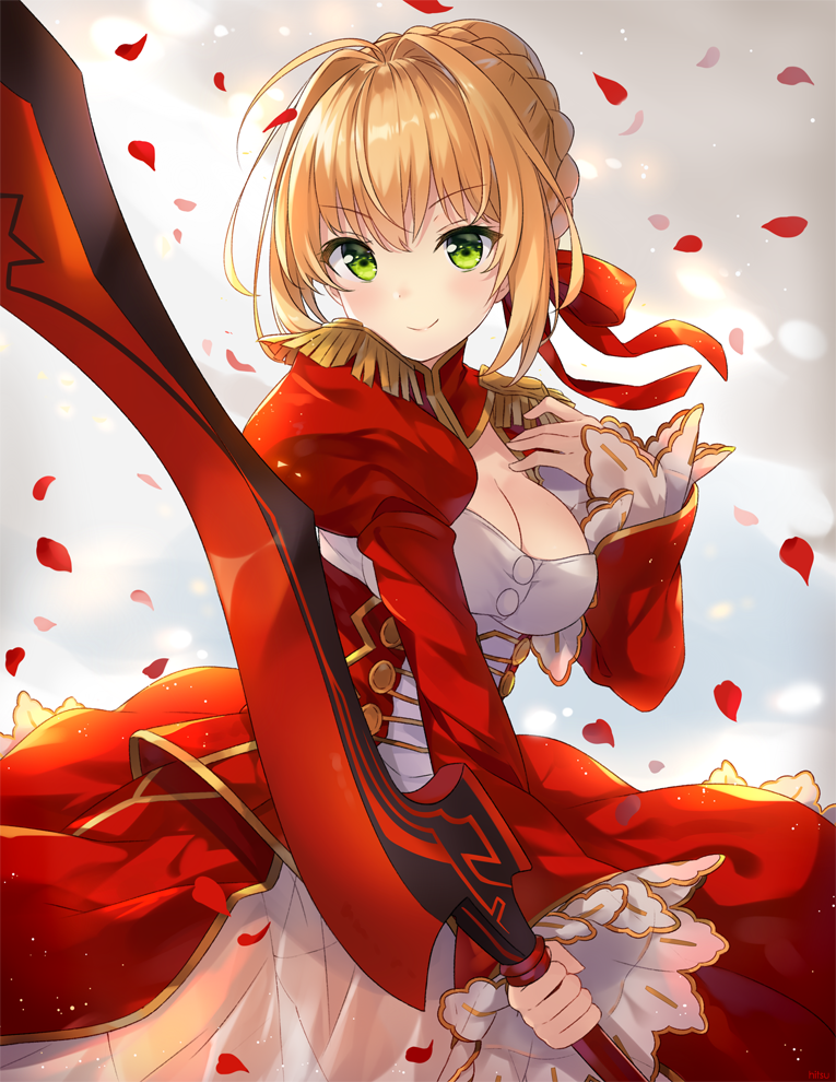&gt;:) 1girl aestus_estus bangs blonde_hair blush braid breasts center_opening cleavage commentary dress epaulettes eyebrows_visible_through_hair fate/extra fate_(series) green_eyes grey_background hair_bun hair_ribbon hand_up hitsukuya holding holding_sword holding_weapon juliet_sleeves long_sleeves looking_at_viewer petals puffy_sleeves red_dress red_ribbon ribbon saber_extra see-through smile solo sword weapon