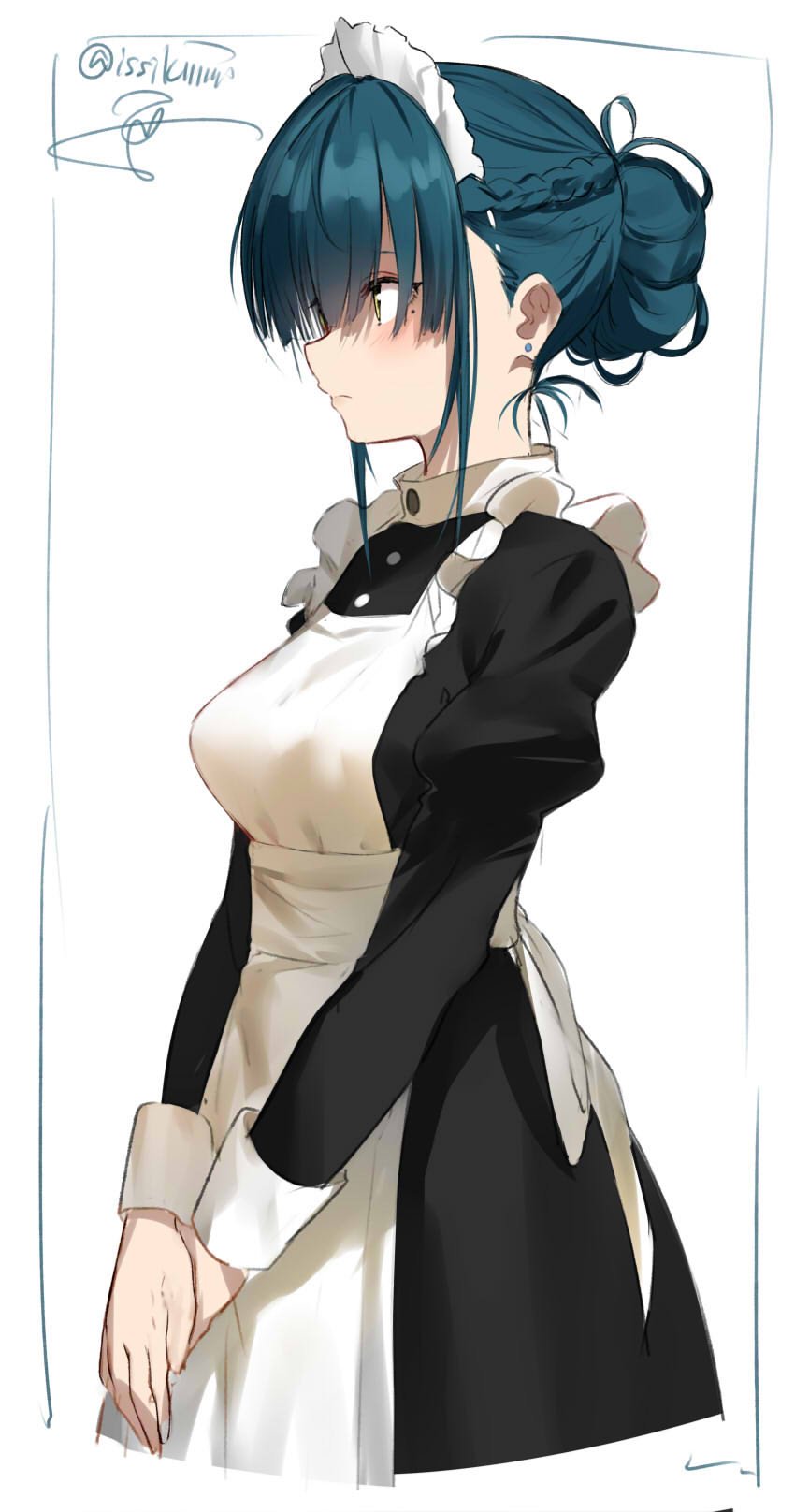 1girl apron black_dress blue_hair braid copyright_request cowboy_shot cropped_legs dress earrings french_braid from_side hair_bun highres isshiki_(ffmania7) jewelry juliet_sleeves long_sleeves maid maid_apron maid_headdress mole mole_under_eye puffy_sleeves signature solo stud_earrings tied_hair twitter_username v_arms white_apron yellow_eyes