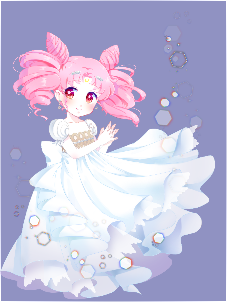 1girl anpu_(amppwt) bishoujo_senshi_sailor_moon chibi_usa closed_mouth crescent crescent_earrings double_bun dress drill_hair earrings facial_mark forehead_mark full_body gown hair_ornament hands_together highres interlocked_fingers jewelry looking_to_the_side pink_hair purple_background red_eyes simple_background small_lady_serenity smile solo twin_drills twintails white_dress