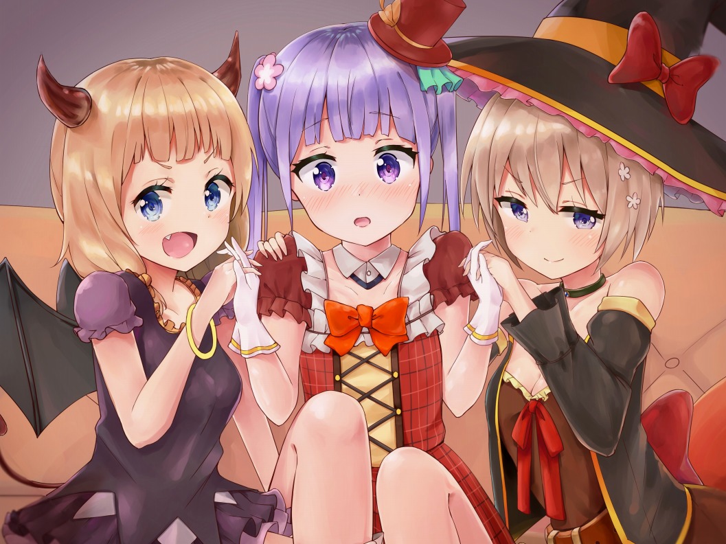 &gt;:) 3girls :d blue_eyes breasts cleavage commentary_request couvh demon_girl demon_tail demon_wings detached_collar grey_eyes hair_ornament halloween hand_holding hat hoshikawa_hotaru light_brown_hair long_hair looking_at_viewer mini_hat multiple_girls new_game! open_mouth purple_hair racchi. sakura_nene short_hair silver_hair sitting smile suzukaze_aoba tail twintails violet_eyes wings witch_hat