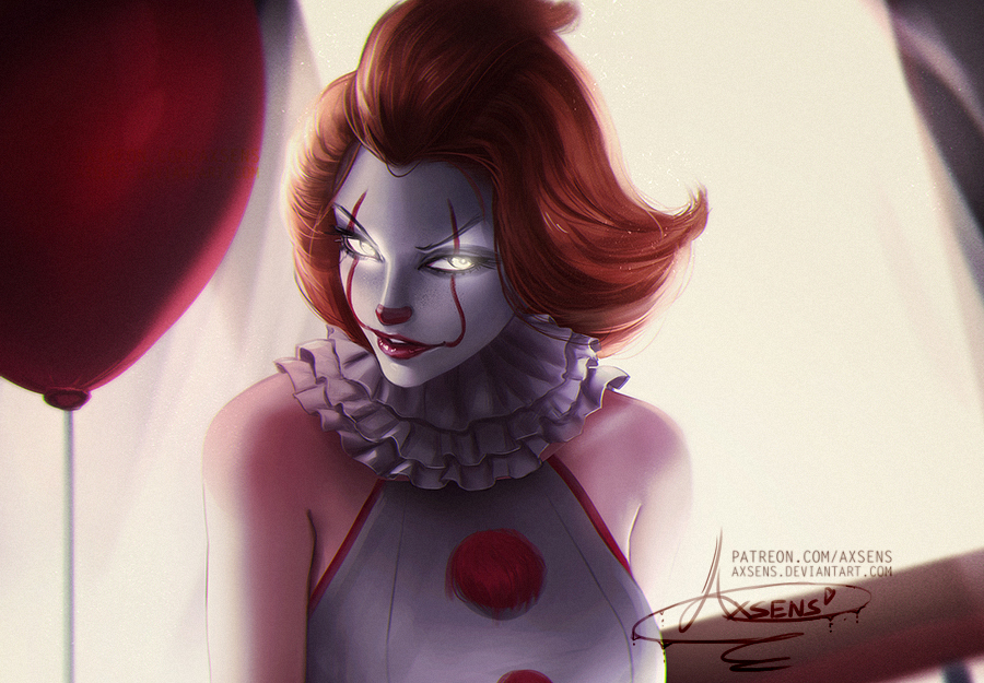 1girl alexandra_mae artist_name balloon bare_shoulders breasts clown collar frilled_collar frills genderswap genderswap_(mtf) glowing glowing_eyes it_(stephen_king) large_breasts lipstick makeup open_mouth pennywise red_lipstick redhead signature smile solo watermark web_address