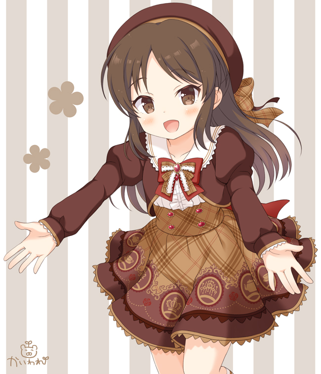 1girl :d bangs beret blush bow bowtie brown_bow brown_eyes brown_hair brown_hat brown_shirt brown_skirt collarbone collared_shirt commentary_request eyebrows_visible_through_hair frilled_shirt frills hat head_tilt idolmaster idolmaster_cinderella_girls idolmaster_cinderella_girls_starlight_stage juliet_sleeves kaiware-san long_sleeves looking_at_viewer open_mouth outstretched_arms parted_bangs plaid plaid_bow plaid_skirt print_skirt puffy_sleeves red_neckwear shirt skirt sleeves_past_wrists smile solo standing standing_on_one_leg striped tachibana_arisu vertical-striped_background vertical_stripes white_shirt