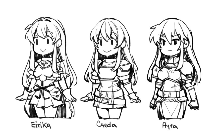 3girls aira_(fire_emblem) armor blush cape eirika fire_emblem fire_emblem:_mystery_of_the_emblem fire_emblem:_seima_no_kouseki fire_emblem:_seisen_no_keifu fire_emblem_heroes gebyy-terar gloves long_hair monochrome multiple_girls sheeda skirt smile