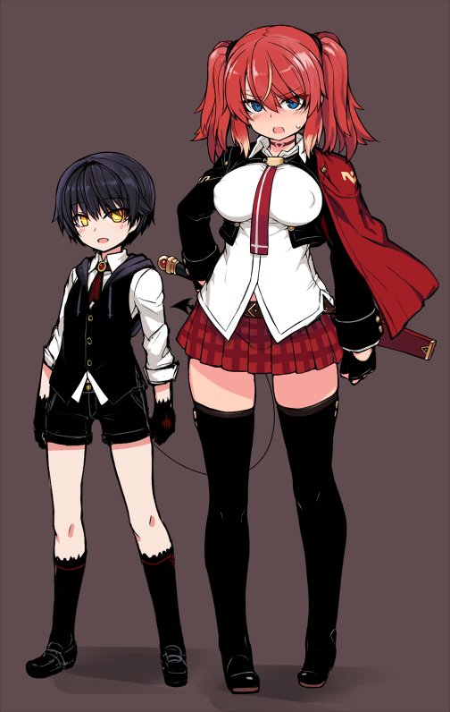 1boy 1girl ascot black_gloves black_hair black_legwear blue_eyes blush breasts brooch commentary_request cropped_jacket demon_boy demon_tail erect_nipples fingerless_gloves gloves jacket jewelry large_breasts long_sleeves necktie null_(nyanpyoun) open_mouth original plaid pleated_skirt red_skirt redhead sheath shirt short_hair shorts skirt sword tail thigh-highs twintails vest weapon white_shirt yellow_eyes zettai_ryouiki