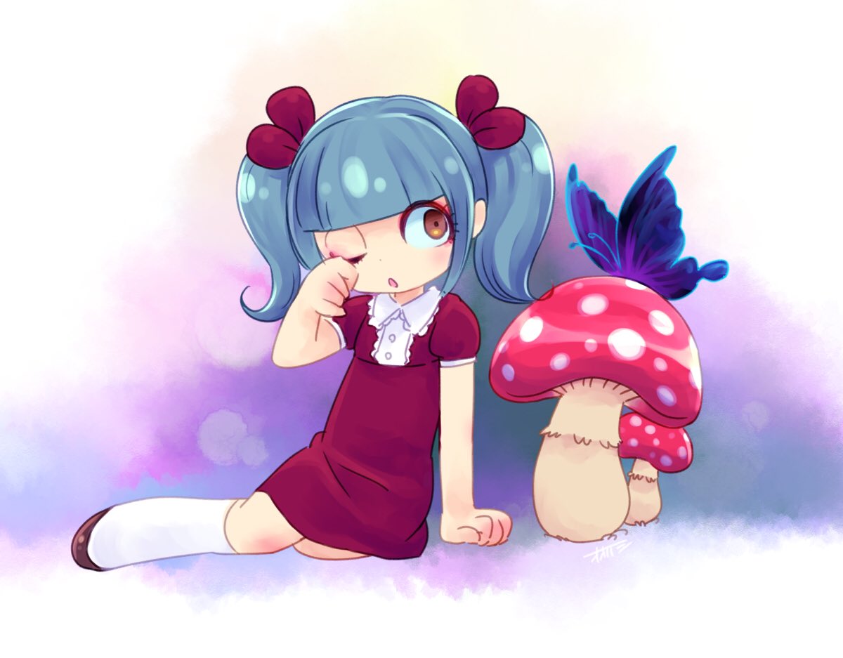 1girl arm_support bangs blue_hair blunt_bangs brown_eyes butterfly chibi collared_shirt commentary_request dress looking_away looking_to_the_side mushroom one_eye_closed ouhashi_(yumenosukima) parted_lips red_dress shirt shoes sitting socks solo twintails white_legwear wiping_face