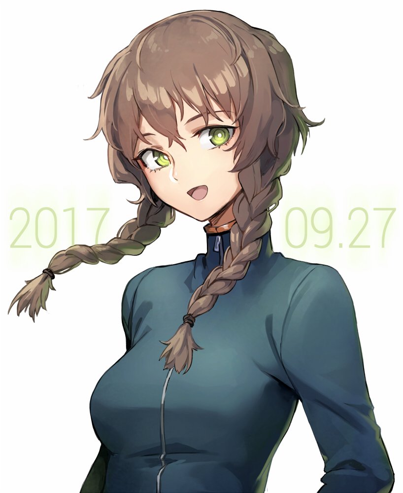 1girl 2017 :d amane_suzuha bangs blue_jacket braid breasts bright_pupils brown_hair green_eyes jacket large_breasts long_hair long_sleeves looking_at_viewer oopartz_yang open_mouth smile solo steins;gate twin_braids upper_body white_pupils