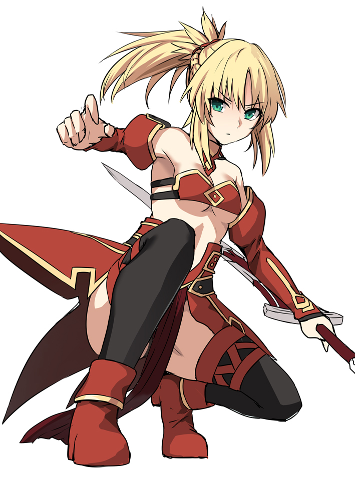 1girl bandeau bangs black_legwear blonde_hair breasts clarent closed_mouth detached_sleeves eyebrows_visible_through_hair fate/apocrypha fate_(series) full_body green_eyes half_updo holding holding_sword holding_weapon long_hair looking_at_viewer parted_bangs ponytail red_footwear saber_of_red serious shiseki_hirame sidelocks simple_background small_breasts solo squatting sword thigh-highs weapon white_background