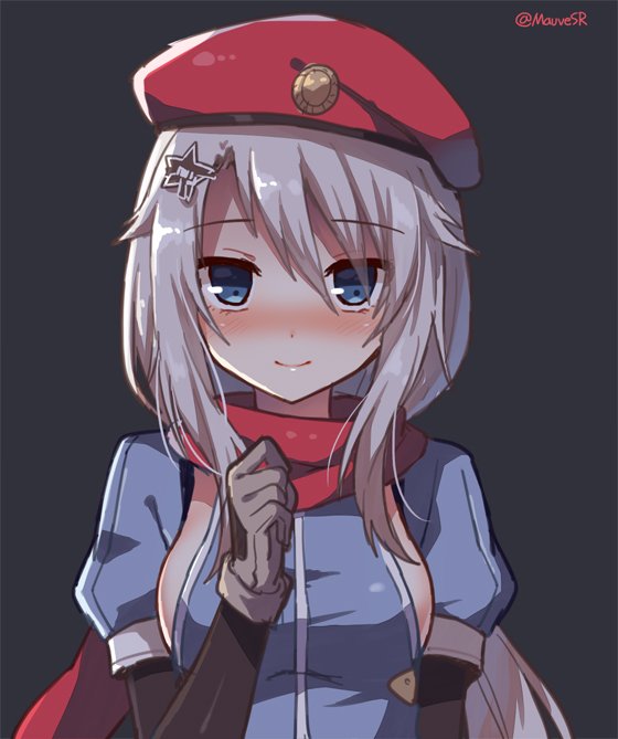 1girl 9a-91_(girls_frontline) bangs beret blue_eyes blush breasts commentary_request dark_background eyebrows_visible_through_hair girls_frontline gloves hair_between_eyes hair_ornament hat long_hair long_sleeves looking_at_viewer red_scarf scarf sideboob simple_background smile solo twitter_username white_hair