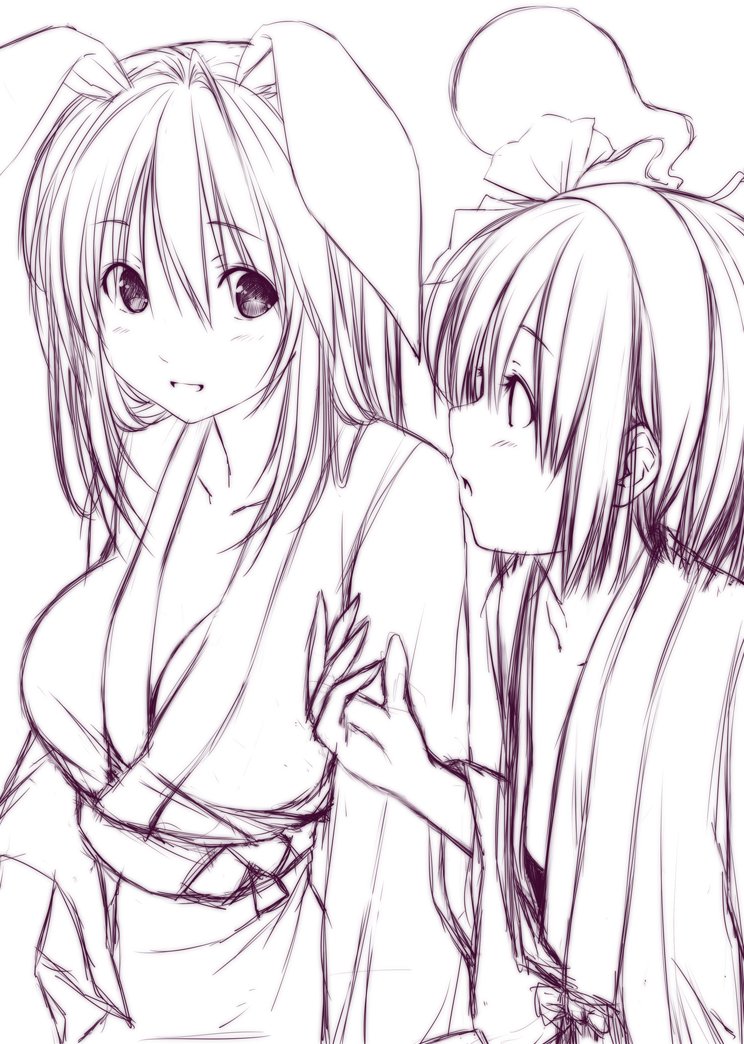 2girls :d :o alternate_costume animal_ears blush breasts cleavage collarbone eyebrows_visible_through_hair ghost hair_ribbon hand_up japanese_clothes kimono konpaku_youmu konpaku_youmu_(ghost) long_hair long_sleeves looking_at_viewer medium_breasts monochrome multiple_girls nori_tamago open_mouth pink profile rabbit_ears reisen_udongein_inaba ribbon sash short_hair simple_background sketch small_breasts smile tareme touhou upper_body white_background work_in_progress