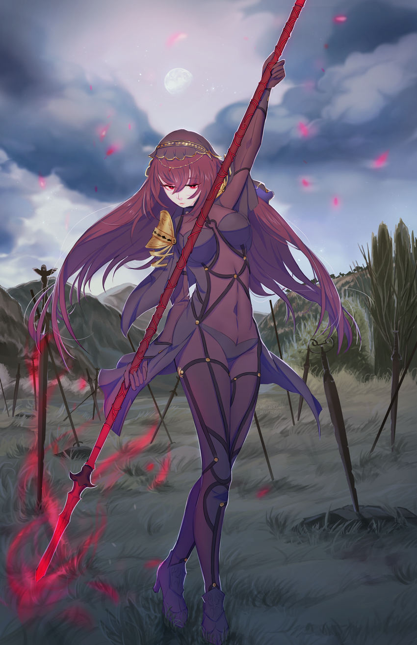 armor bodysuit breasts covered_navel darkgreyclouds fate/grand_order fate_(series) gae_bolg highres holding holding_weapon large_breasts long_hair looking_at_viewer pauldrons polearm purple_bodysuit purple_hair red_eyes scathach_(fate/grand_order) shoulder_armor spear veil weapon